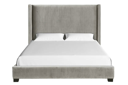 Upholstered Bed gray ribbed velvet with tall vertical-pleated headboard on Tampa Home & Garden Store