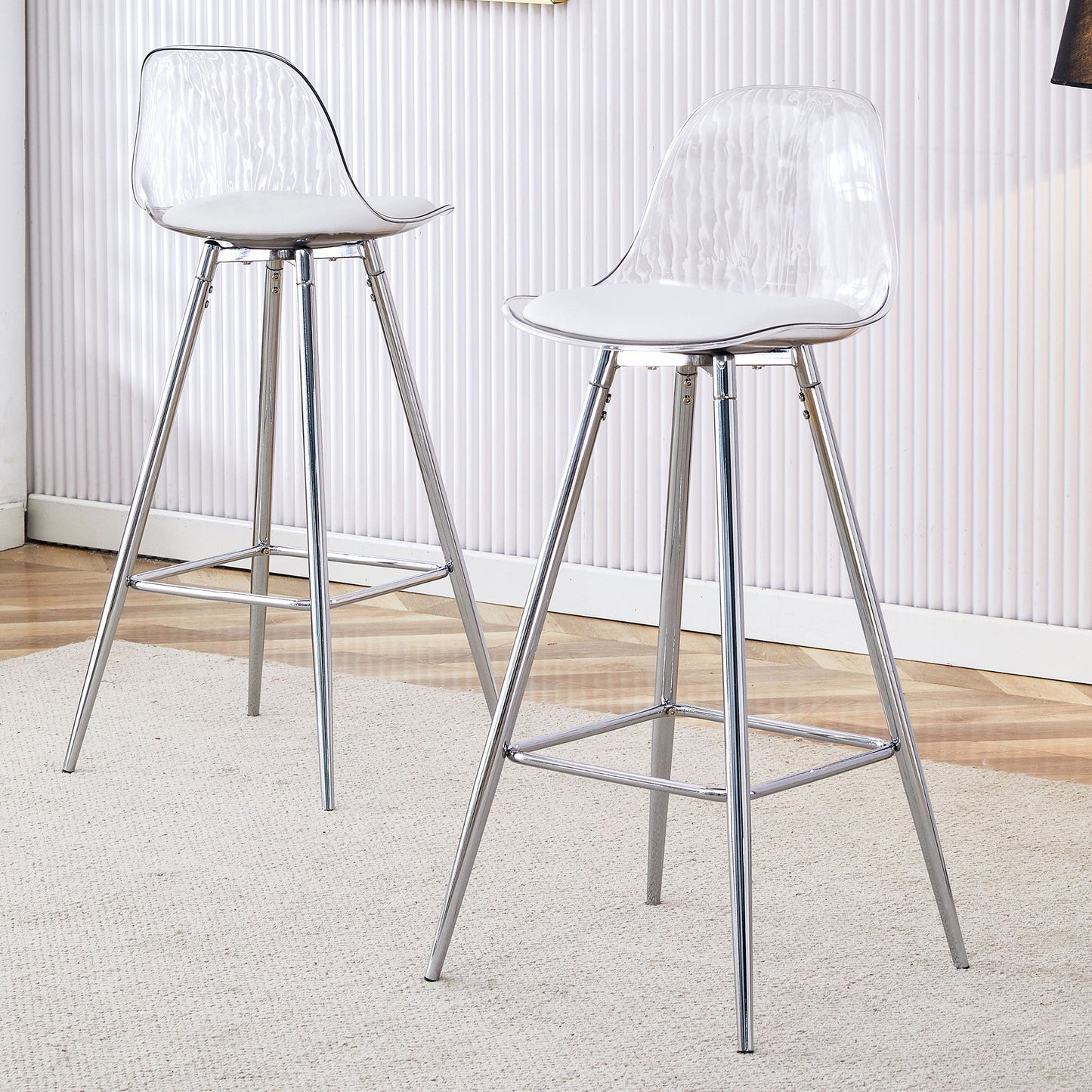 Stylish upholstered bar chairs with acrylic backs and chrome legs, white seats, 2 stools on Tampa Home & Garden Store