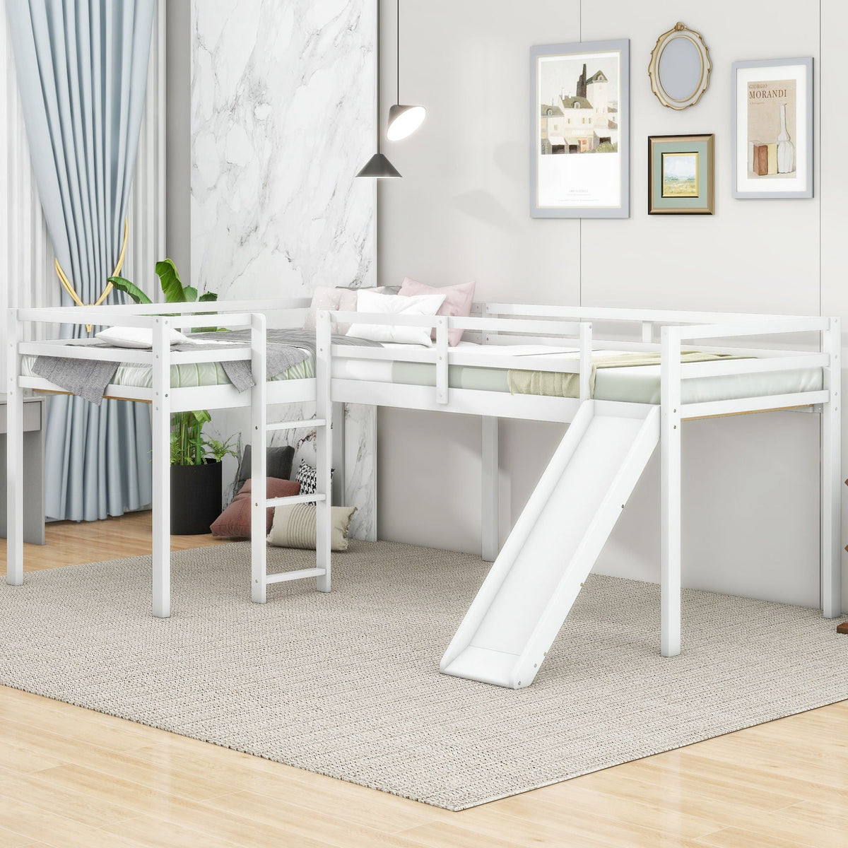 L Shaped Loft Bed With Ladder And Slide by HouseOfZazla, white-painted wooden loft with built-in ladder and slide in a bright kids room on Tampa Home & Garden Store