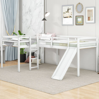 L Shaped Loft Bed With Ladder And Slide by HouseOfZazla, white-painted wooden loft with built-in ladder and slide in a bright kids room on Tampa Home & Garden Store