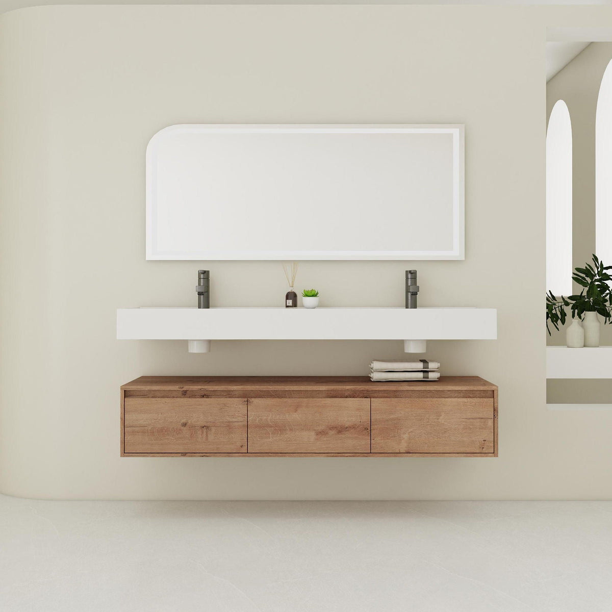Contemporary white wall-mounted bathroom vanity with dual resin sinks and soft-close drawer on Tampa Home & Garden Store