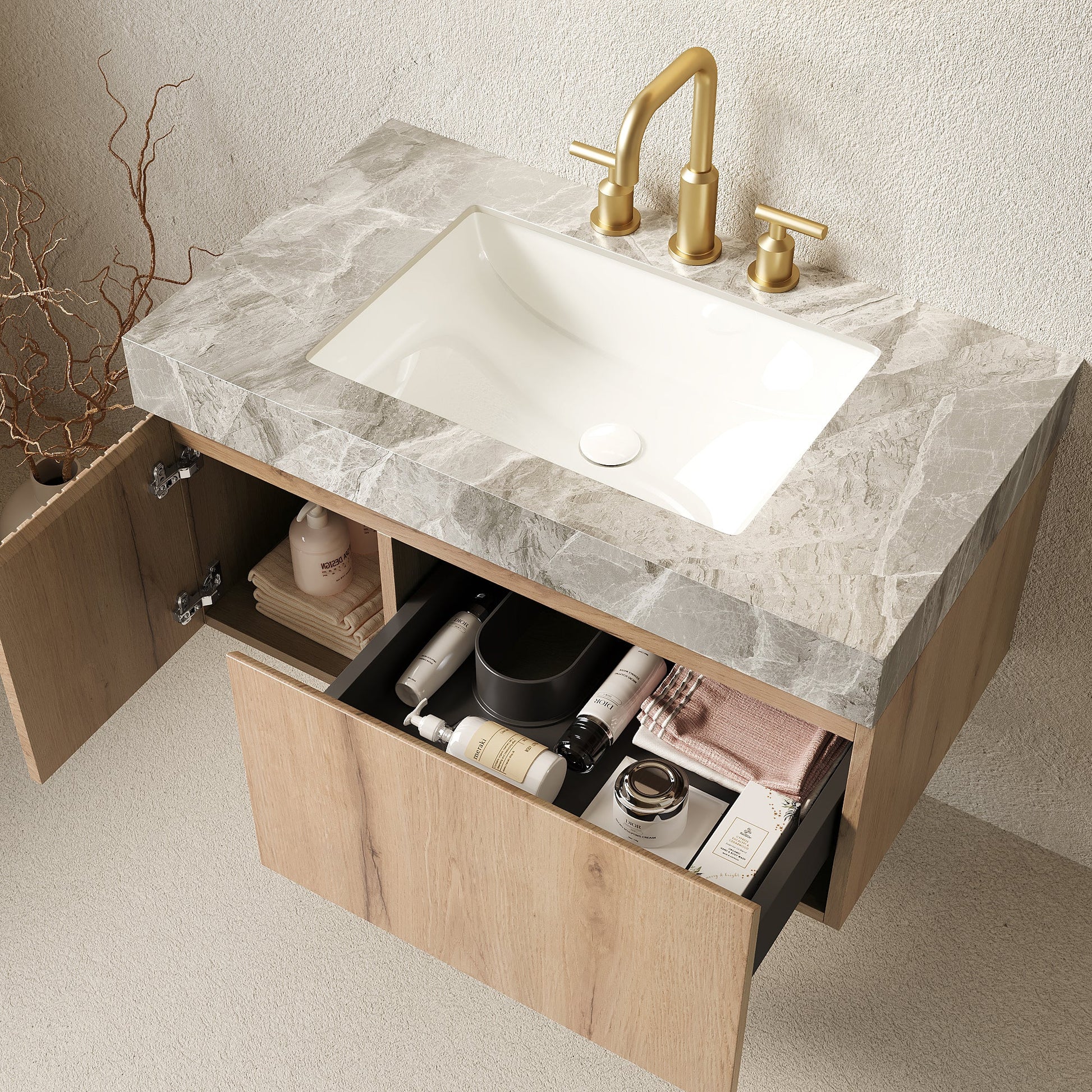 MURI 36in floating vanity with white sink countertop, gold faucet, drawer & door by HouseOfZazla on Tampa Home & Garden Store