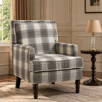 Upholstered Accent Chair with gray plaid fabric, nailhead trim, solid wood legs on Tampa Home & Garden Store