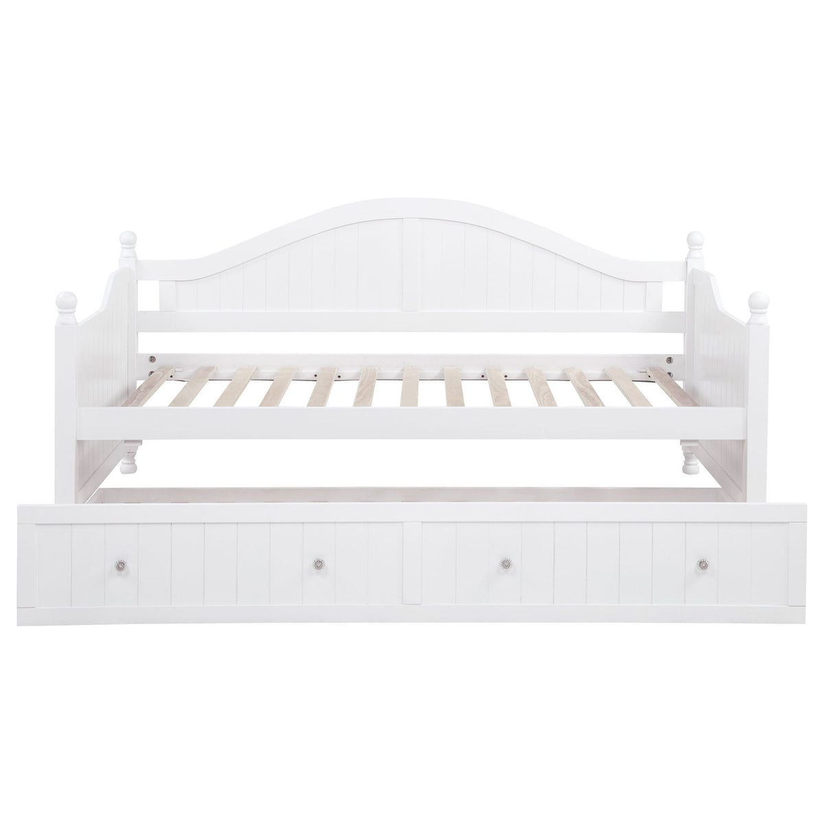 Twin Daybed with Trundle storage bed in white; curved arch headboard and slatted base on Tampa Home & Garden Store