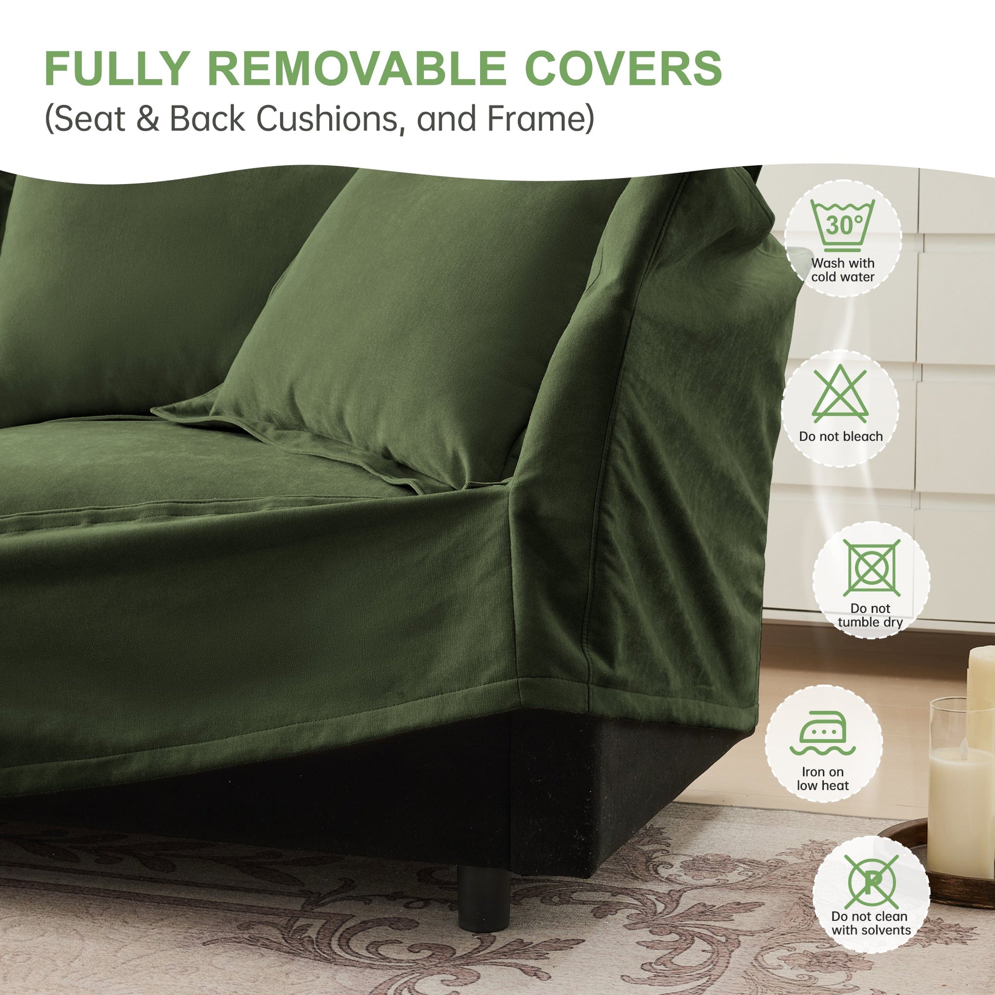 Slipcovered 2-seat sofa by HouseOfZazla in green fabric with plush cushions on Tampa Home & Garden Store