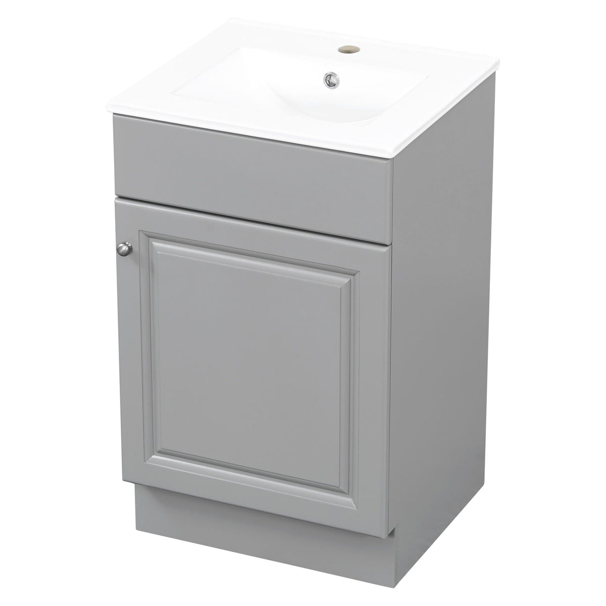 Bathroom vanity with white sink on gray cabinet with drawer fronts and chrome knob on Tampa Home & Garden Store