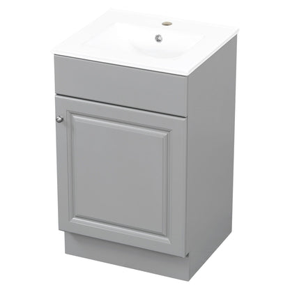 Bathroom vanity with white sink on gray cabinet with drawer fronts and chrome knob on Tampa Home & Garden Store