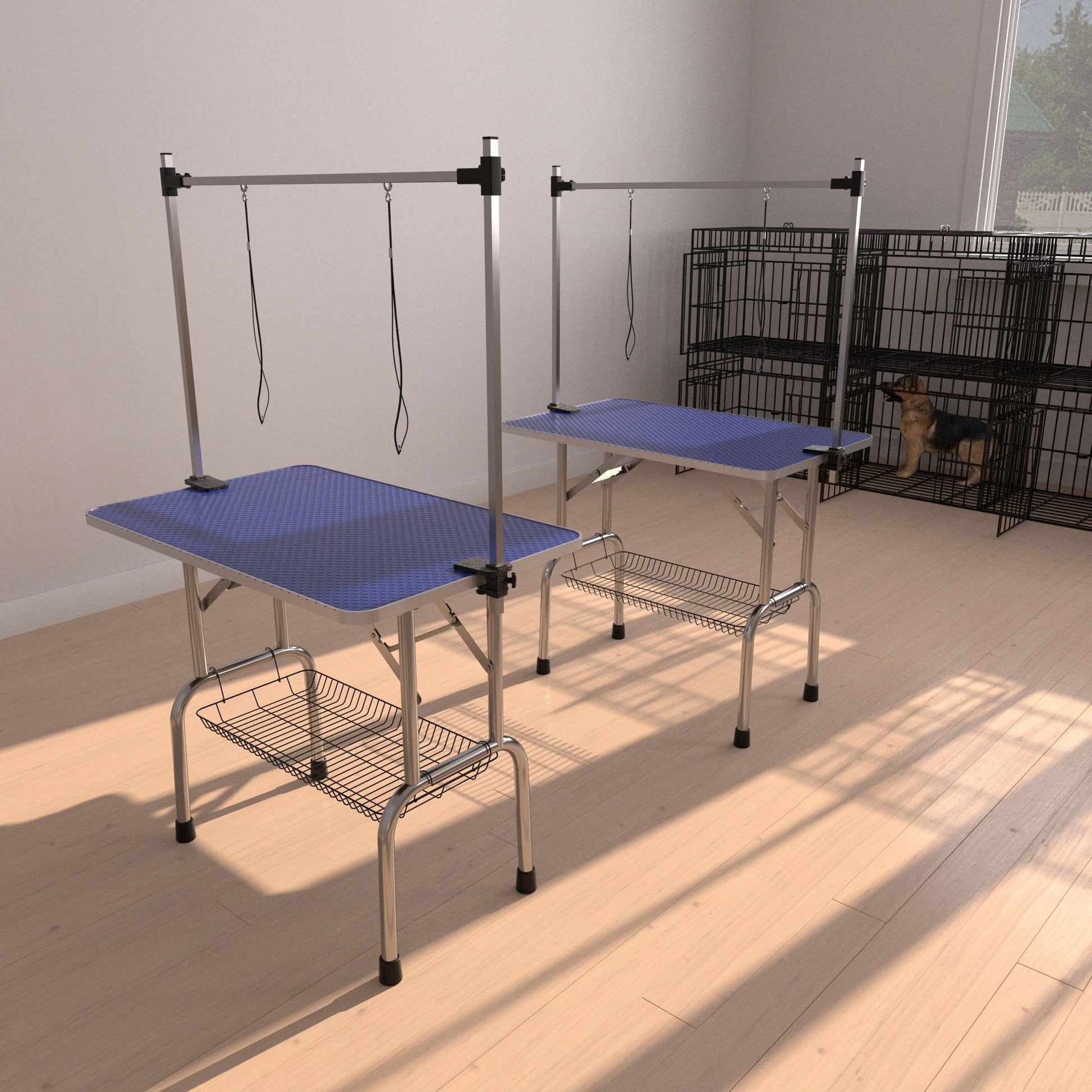 Blue pet grooming tables with adjustable arms and clamps; heavy-duty metal frames, dual stations on Tampa Home & Garden Store