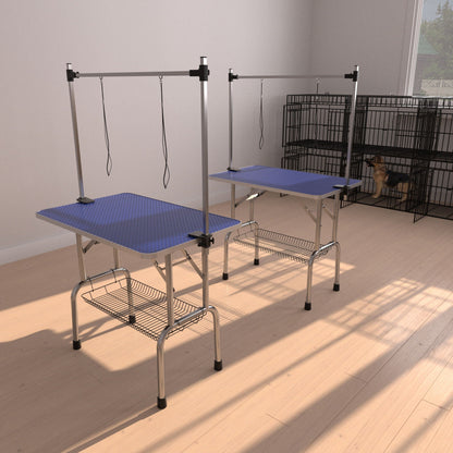 Blue pet grooming tables with adjustable arms and clamps; heavy-duty metal frames, dual stations on Tampa Home & Garden Store