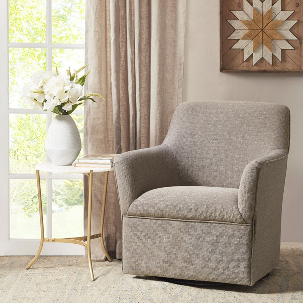 Swivel Glider Chair beige/gray fabric by HouseOfZazla with 360-degree rotation metal base on Tampa Home & Garden Store