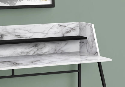 Computer desk with white marble finish, black metal legs, storage shelves on Tampa Home & Garden Store