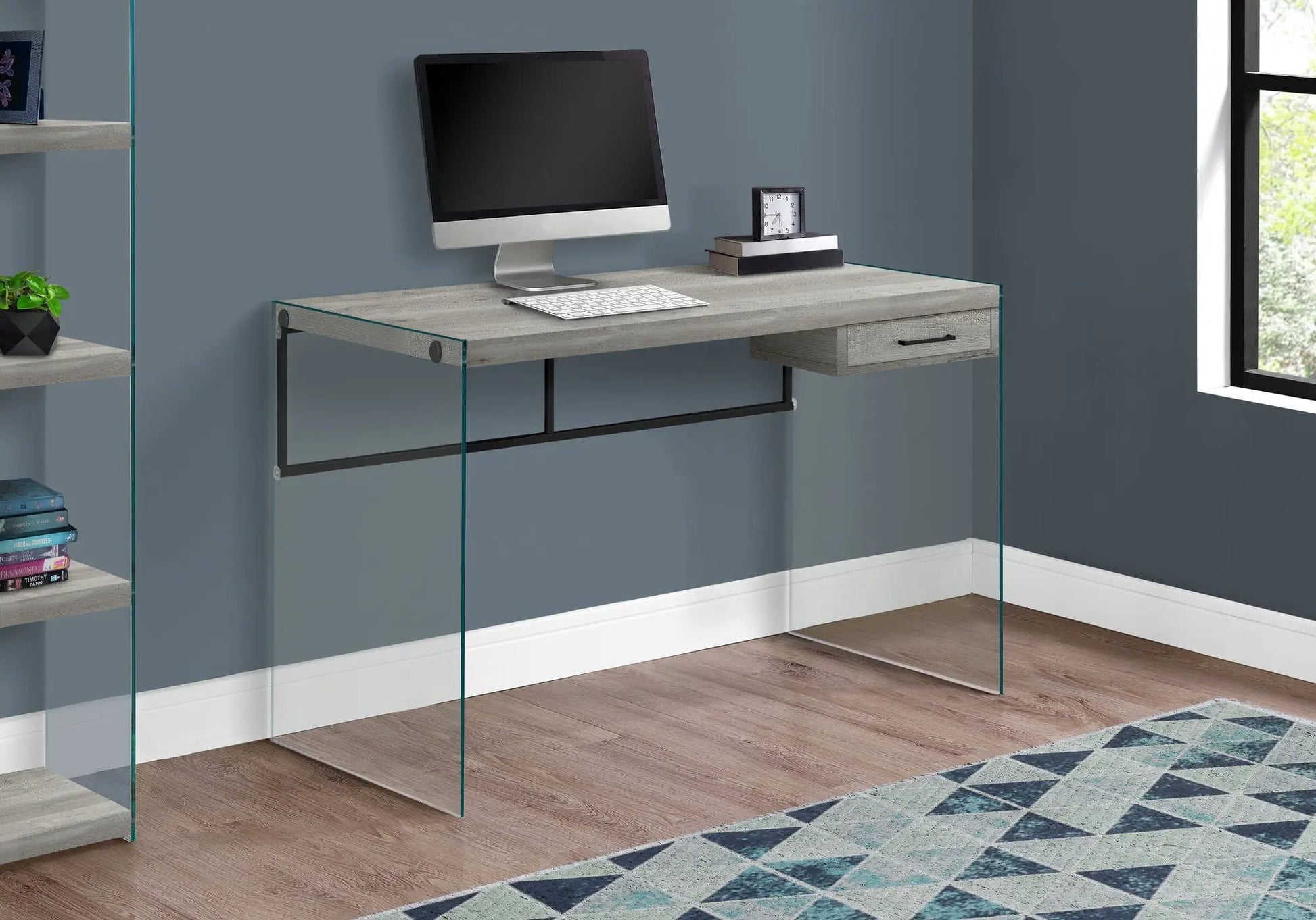 Contemporary computer desk with gray wood finish, right drawer and glass legs for office on Tampa Home & Garden Store