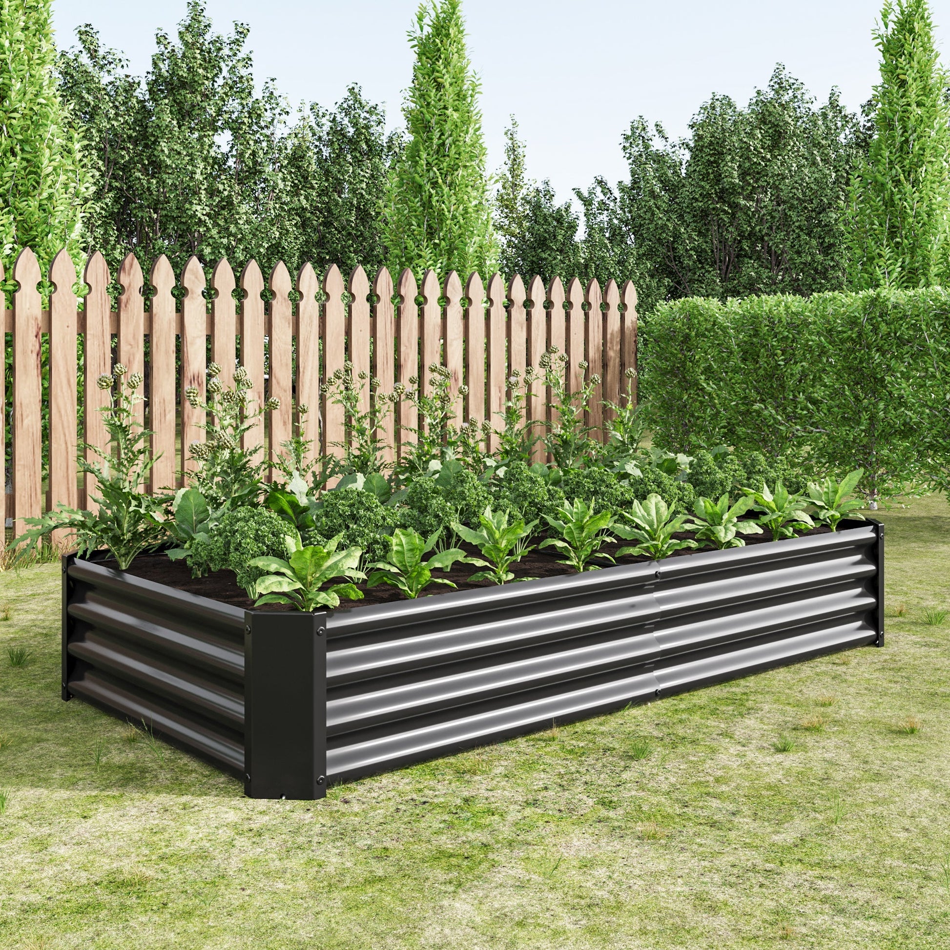 Raised garden bed metal planter 6x3x1 ft, black corrugated sides, leafy greens on Tampa Home & Garden Store