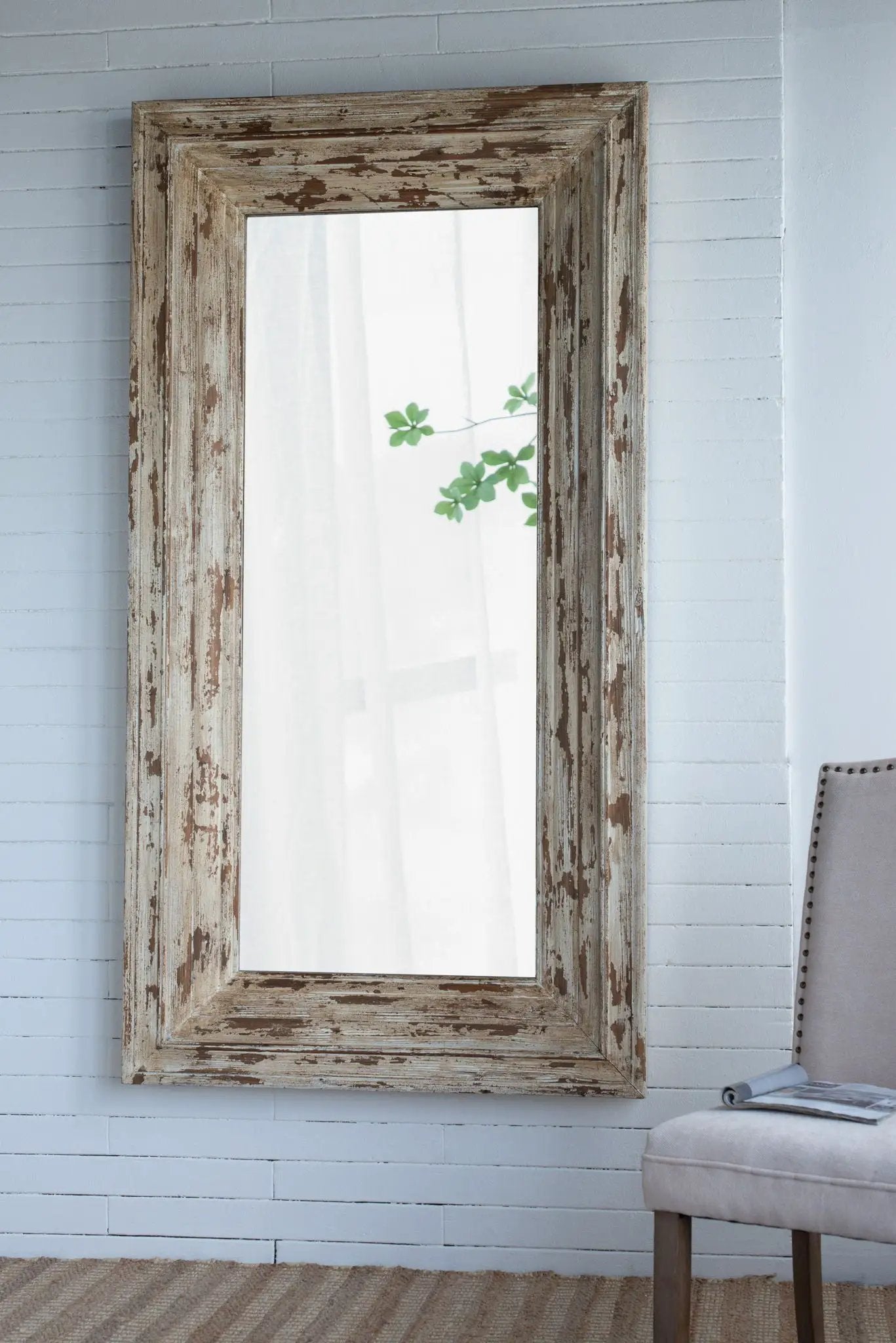 Full Length Rectangle Floor Mirror with Distressed Brown Wood Frame on Tampa Home & Garden Store