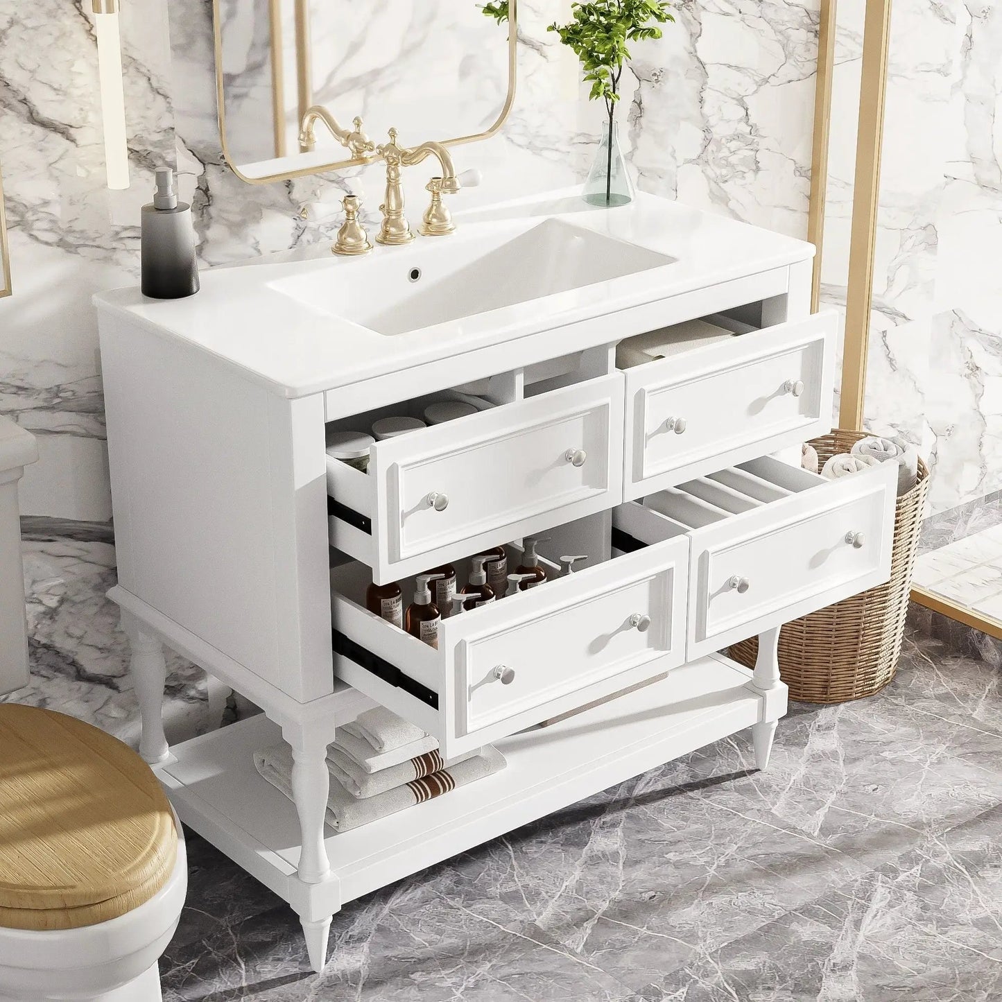 Bathroom vanity cabinet with undermount sink and four drawers, white finish, gold hardware on Tampa Home & Garden Store