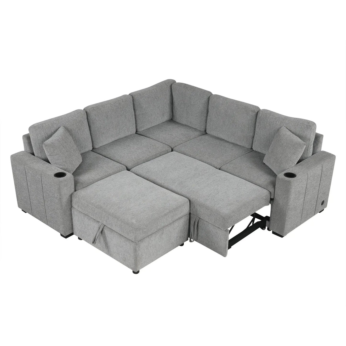 Sectional sofa convertible pull-out bed with movable storage ottoman gray fabric 2-piece on Tampa Home & Garden Store