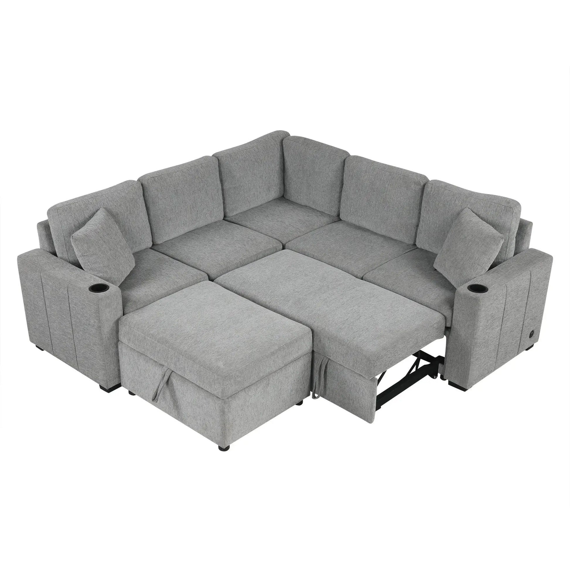 Sectional sofa convertible pull-out bed with movable storage ottoman gray fabric 2-piece on Tampa Home & Garden Store