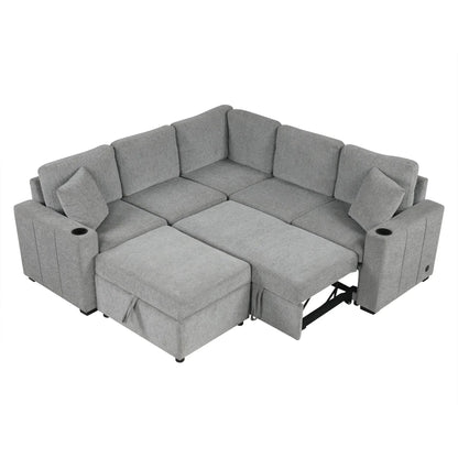 Sectional sofa convertible pull-out bed with movable storage ottoman gray fabric 2-piece on Tampa Home & Garden Store