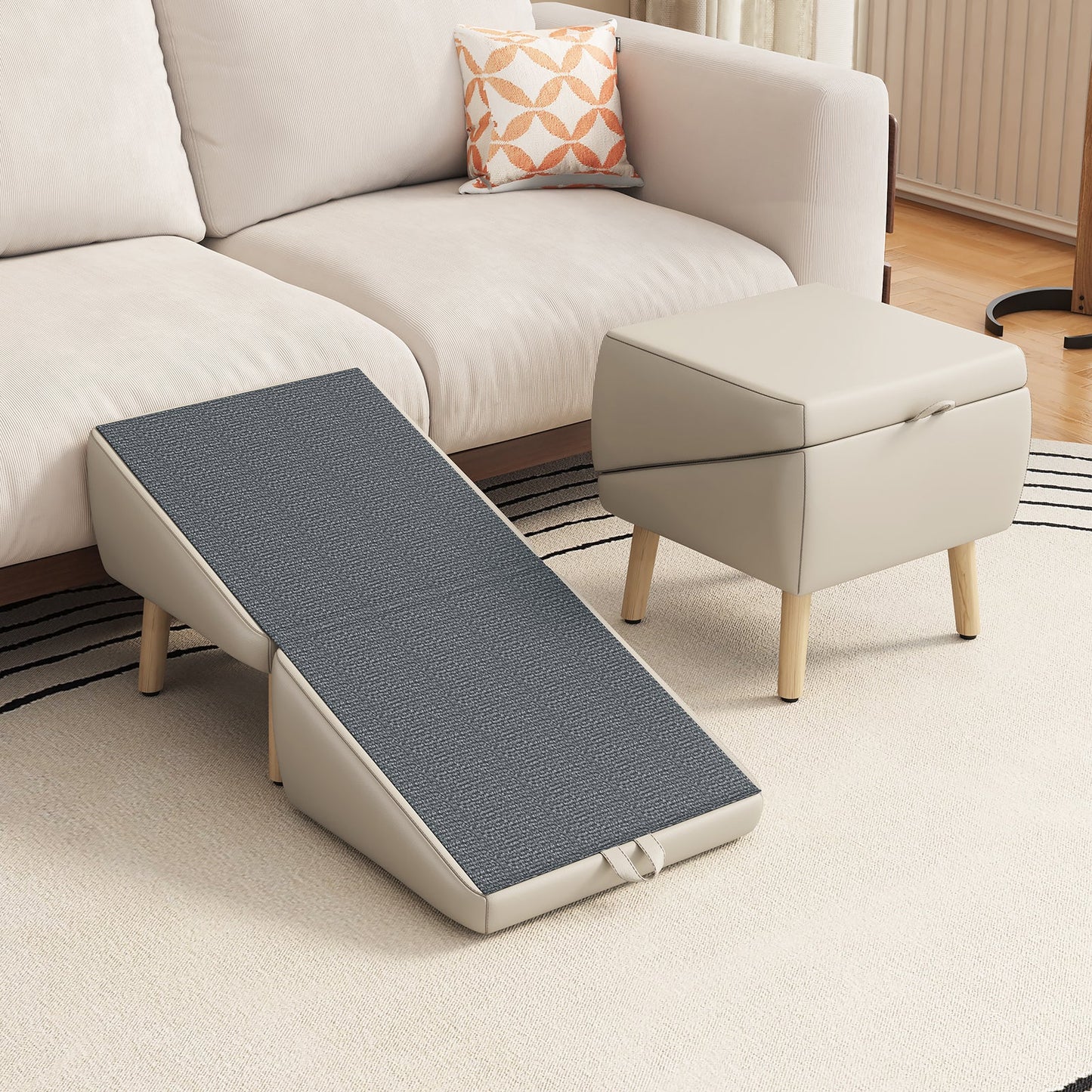 Dog stairs for small dogs and cats, foldable 2-in-1 wooden pet steps with blue textured ramp on Tampa Home & Garden Store