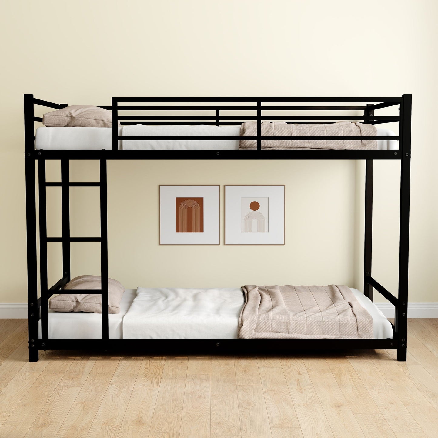 Bunk bed by HouseOfZazla with black metal frame and guardrails; bottom bunk white bedding on Tampa Home & Garden Store