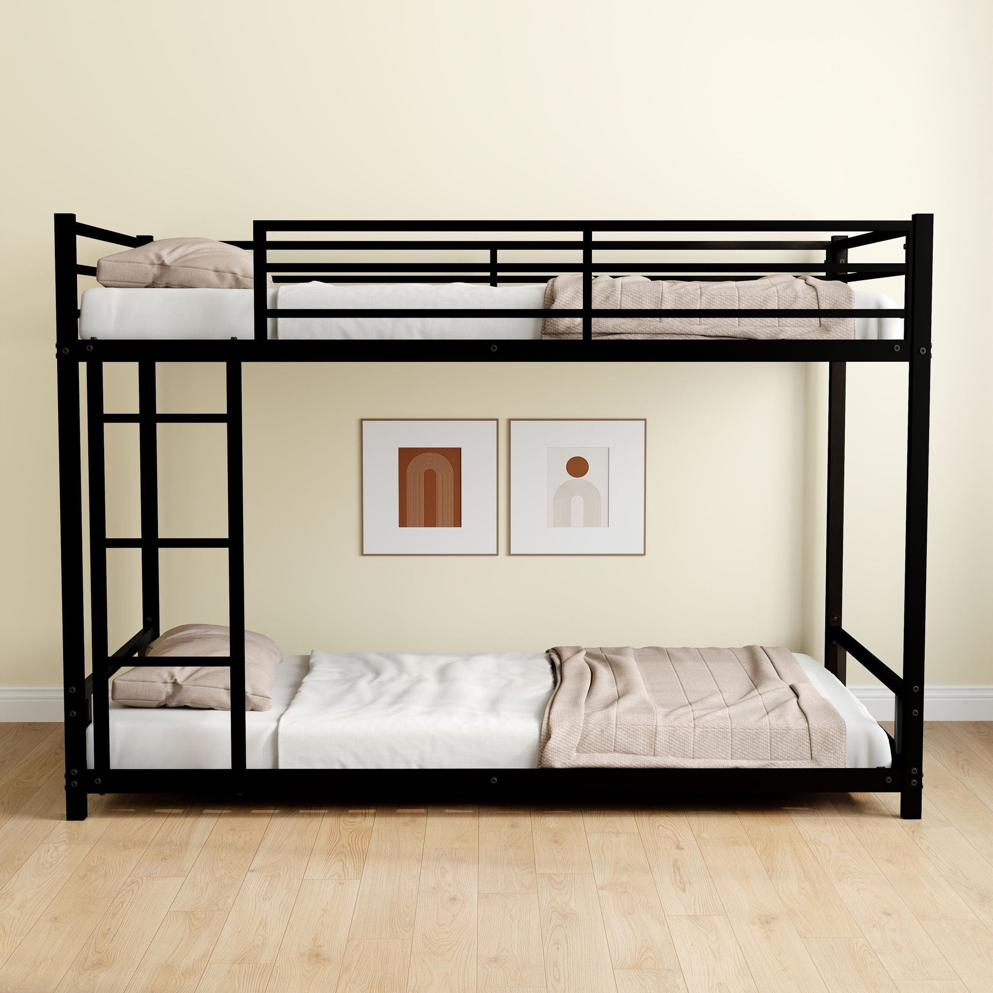 Bunk bed by HouseOfZazla with black metal frame and guardrails; bottom bunk white bedding on Tampa Home & Garden Store
