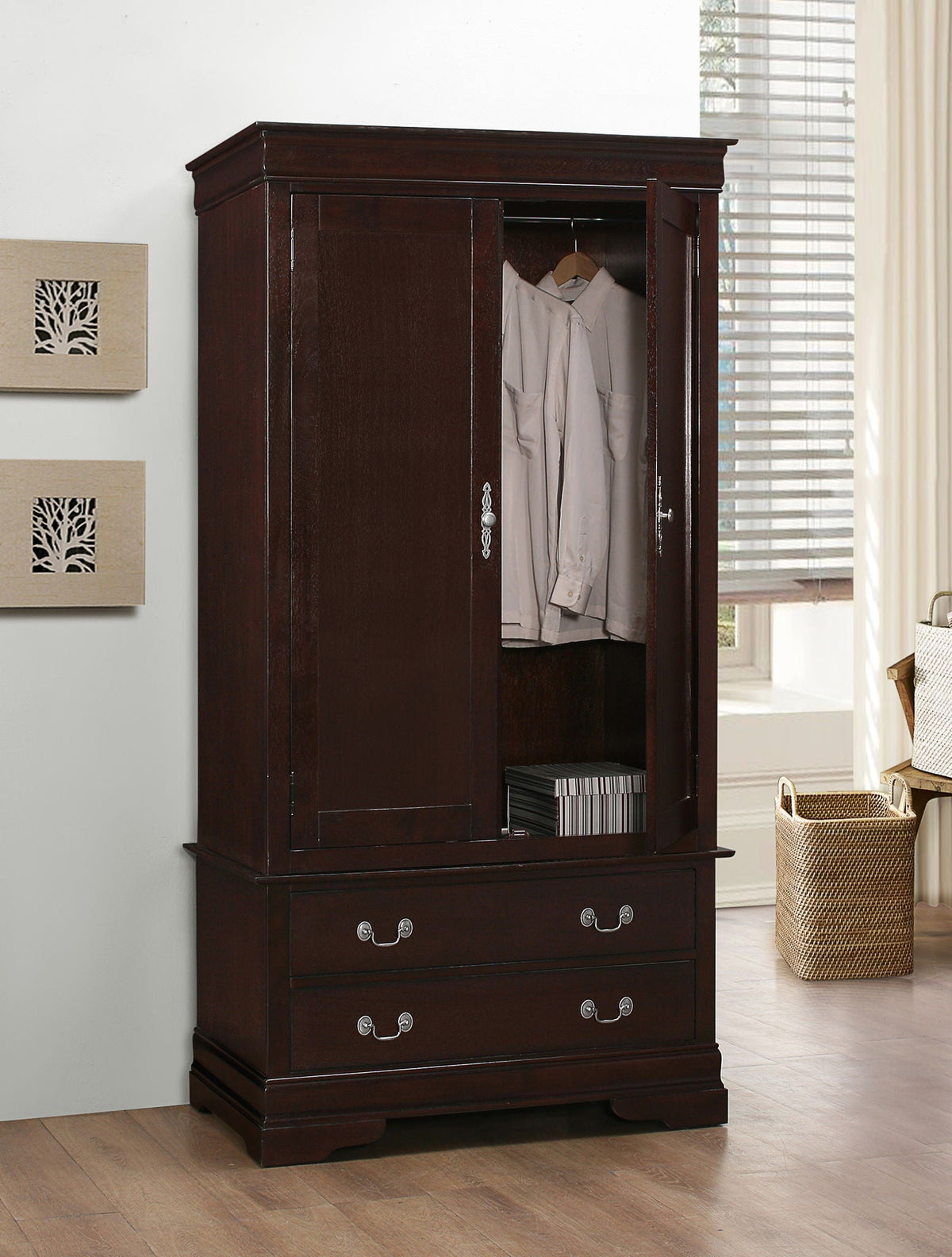 Traditional armoire with hanging bar in dark wood, doors open to reveal shirts, two-drawer base on Tampa Home & Garden Store