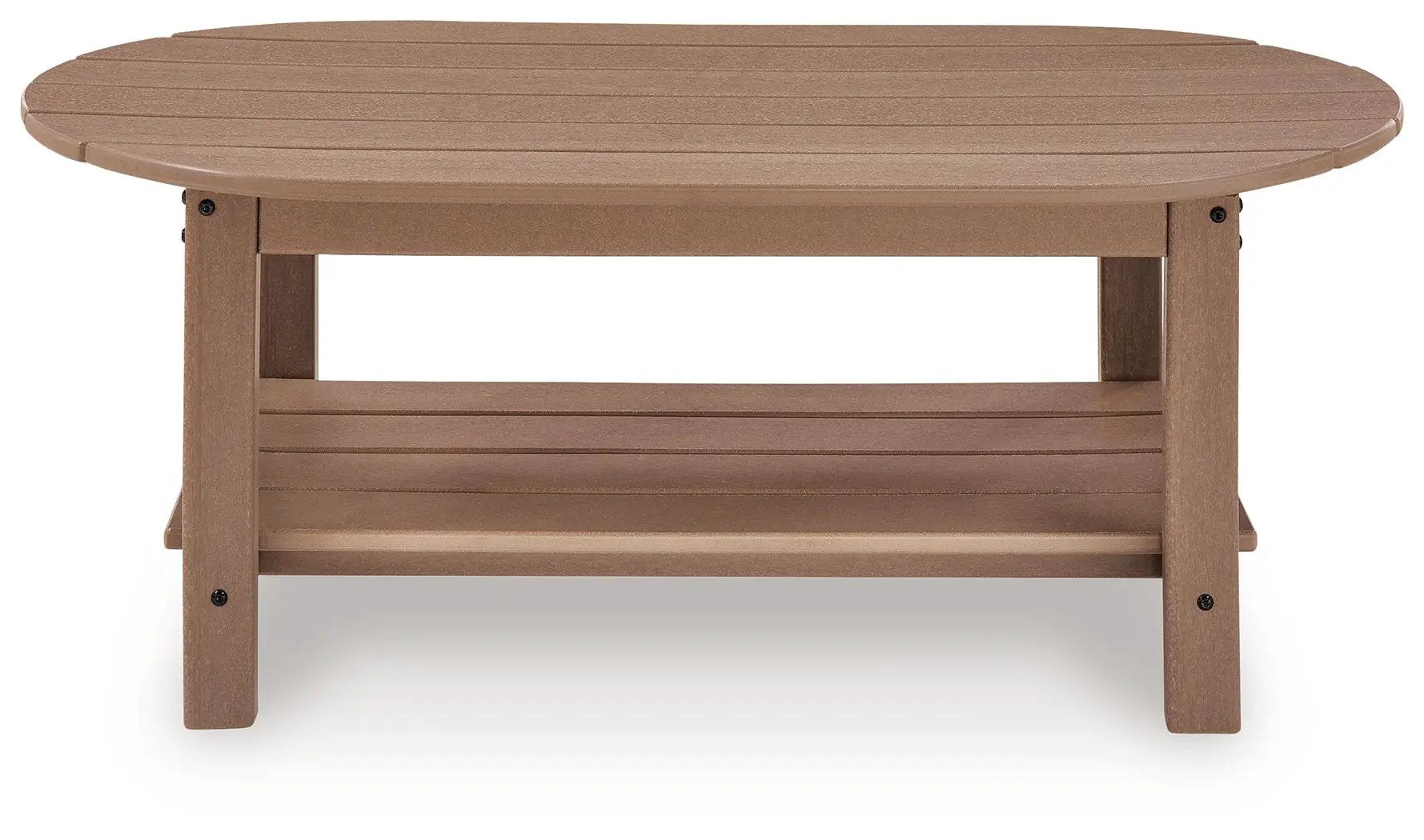 Grover Beach Oval Table brown wood coffee table with slatted lower shelf on Tampa Home & Garden Store
