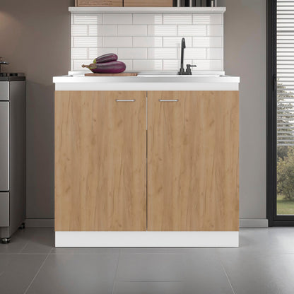 Salento cabinet with double doors and two shelves, white countertop over wood base, faucet on Tampa Home & Garden Store