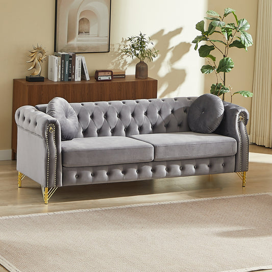 82-Inch Velvet Chesterfield Sofa by HouseOfZazla, gray tufted velvet with gold legs on Tampa Home & Garden Store