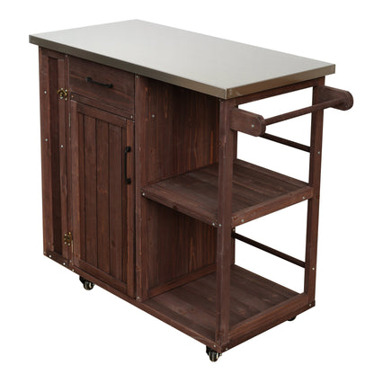 Outdoor kitchen island prep station in dark fir wood with stainless top and cabinet on Tampa Home & Garden Store