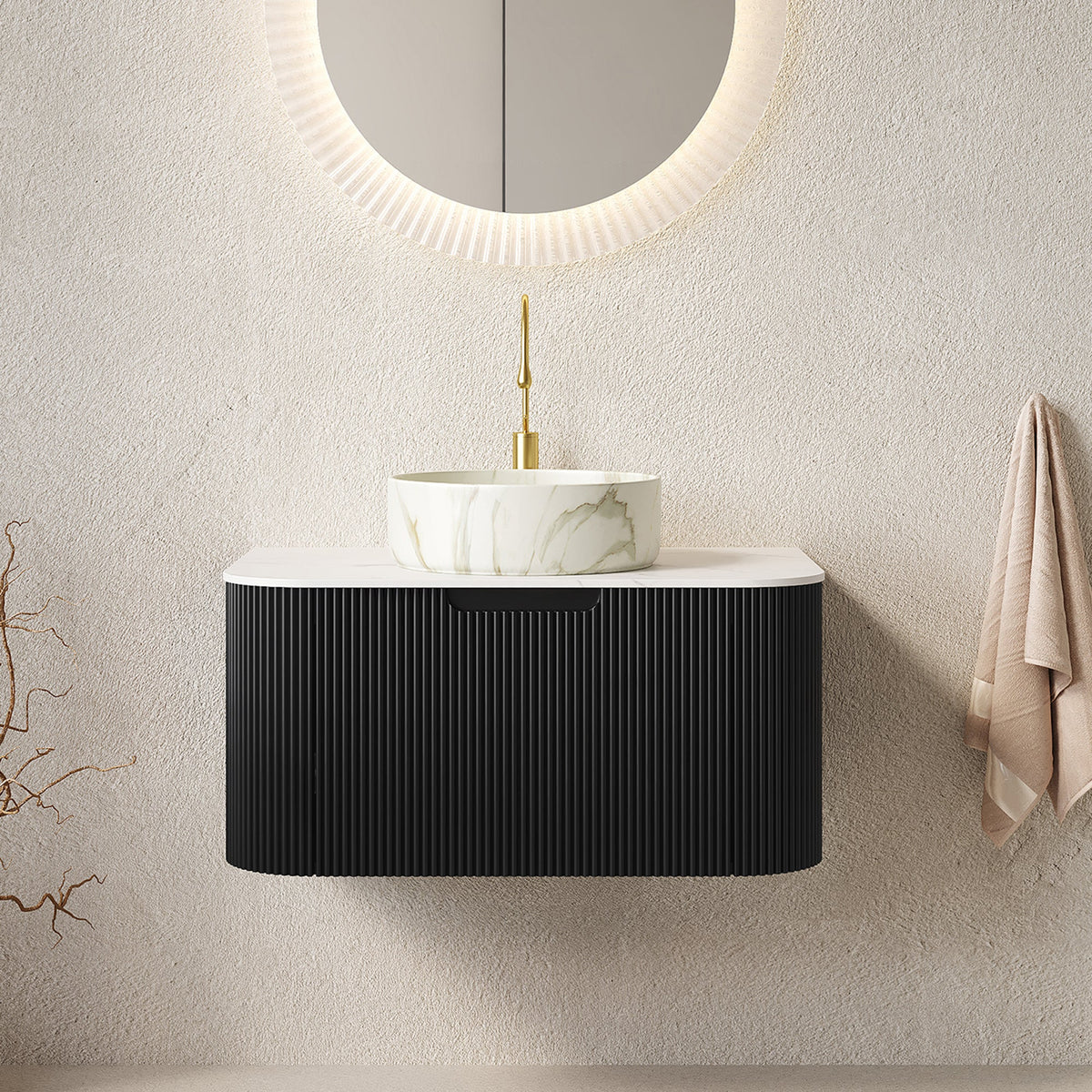 Modern 30 inch bathroom vanity with ceramic sink, black ribbed cabinet, gold faucet, mirror on Tampa Home & Garden Store