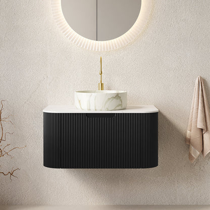 Modern 30 inch bathroom vanity with ceramic sink, black ribbed cabinet, gold faucet, mirror on Tampa Home & Garden Store
