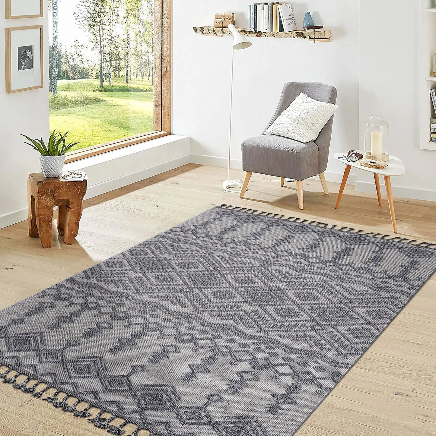 Guros traditional indoor outdoor area rug gray geometric pattern with fringe ends on Tampa Home & Garden Store