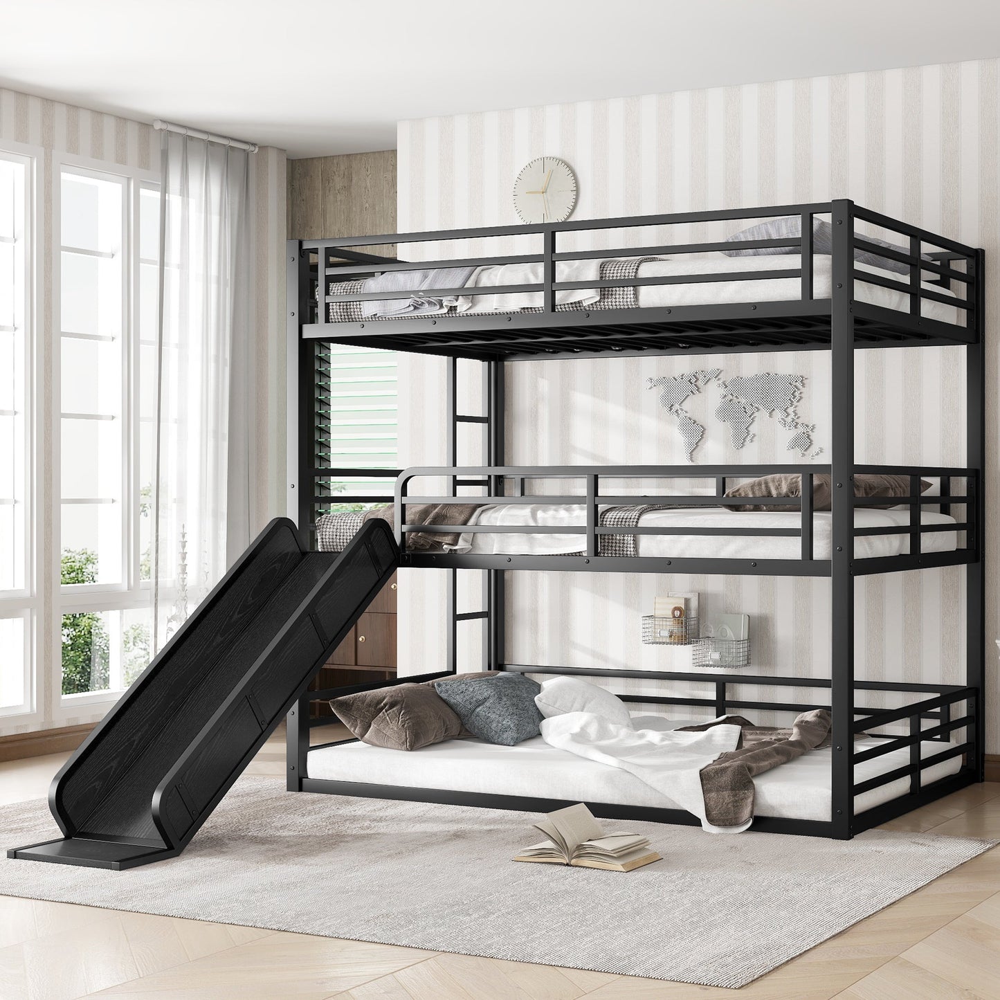 Full Over Full Over Full Bunk Bed with Slide black metal frame HouseOfZazla beds frames & bases on Tampa Home & Garden Store
