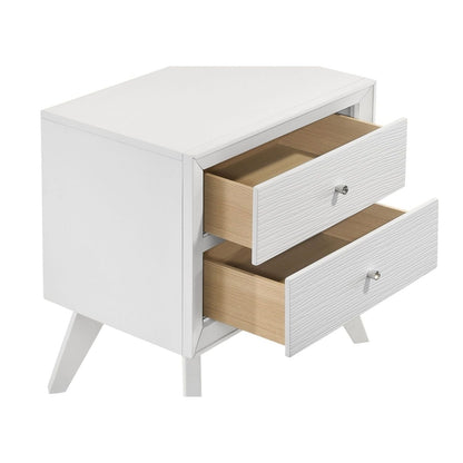 White modern nightstand with two wave-textured drawers and angled legs on Tampa Home & Garden Store