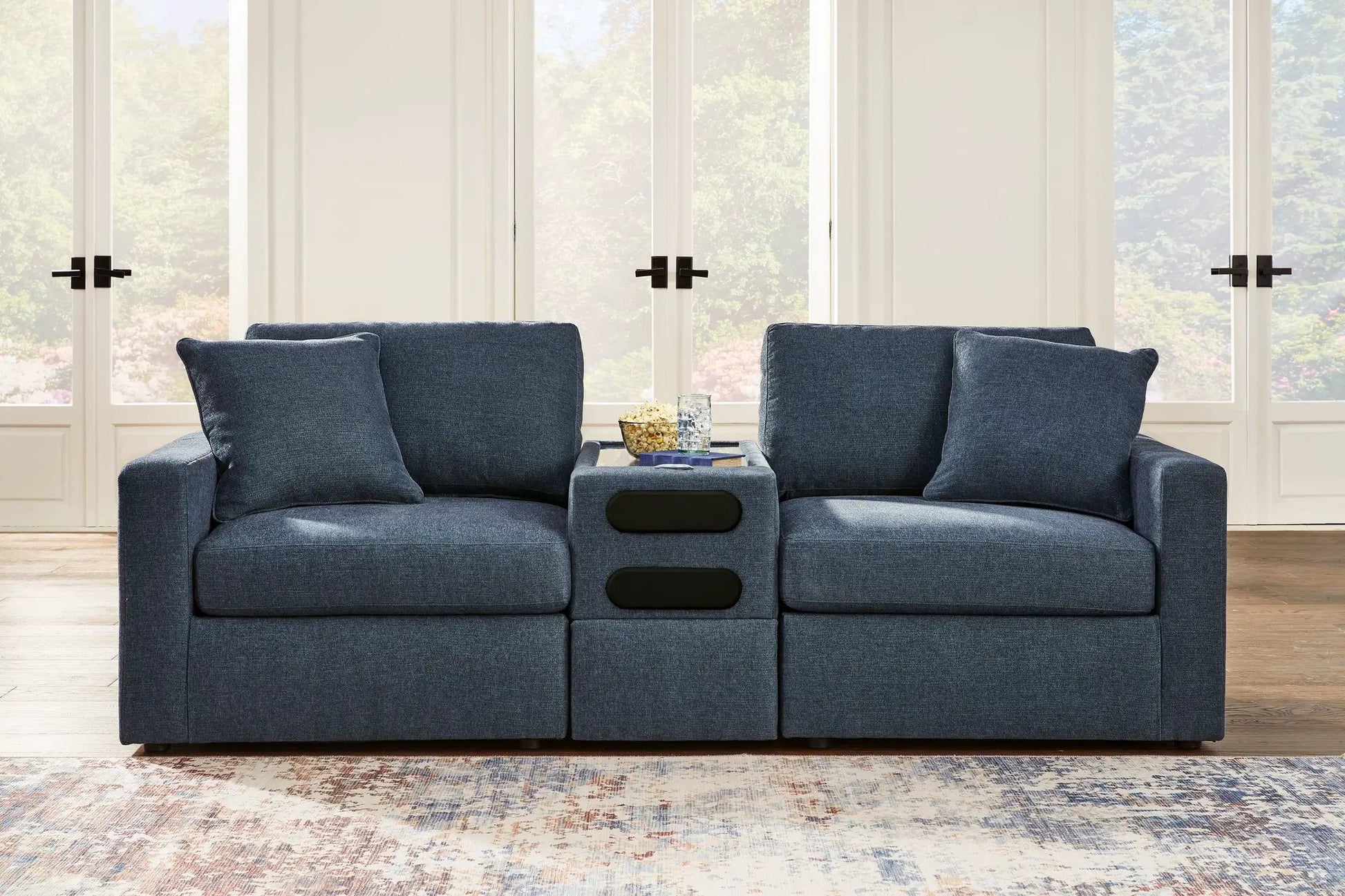 Modmax Sectional Ink by Unique Piece Furniture, blue upholstered sofa with console 2pc on Tampa Home & Garden Store