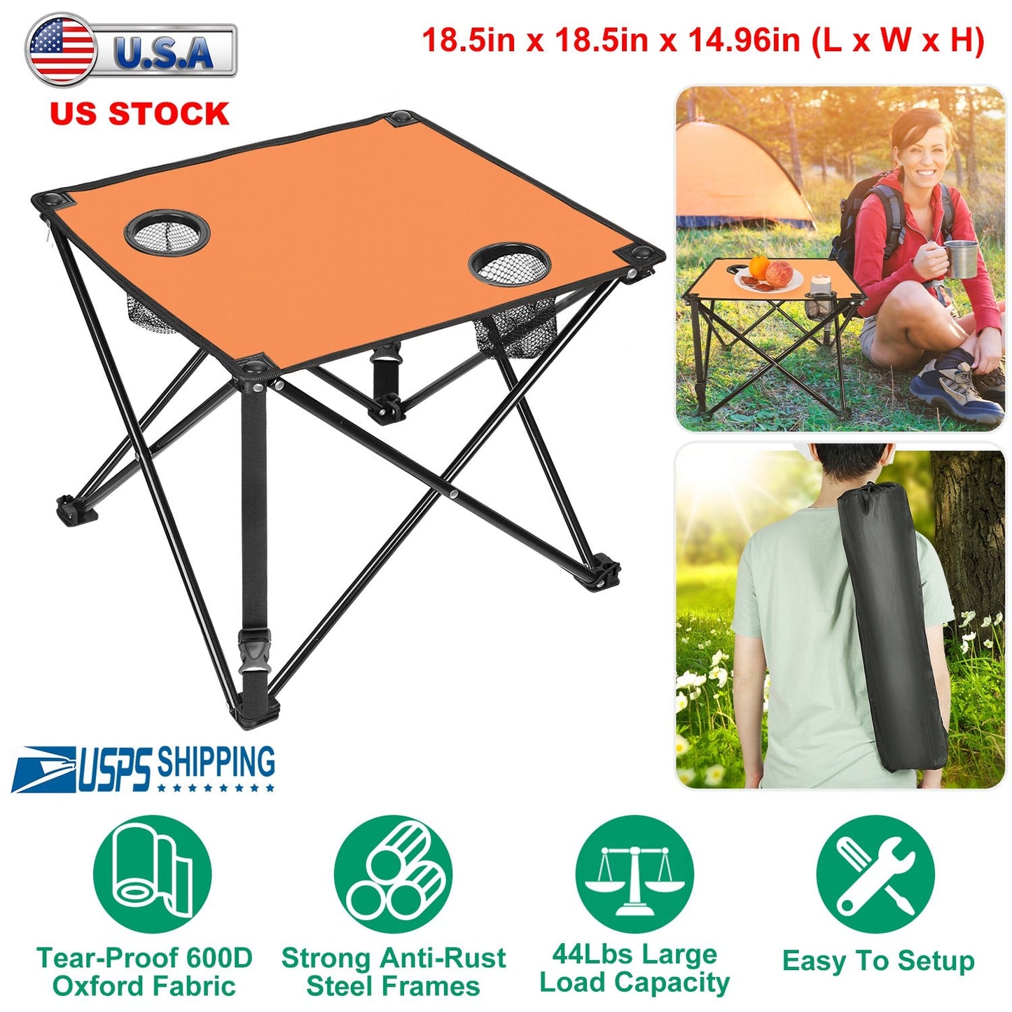 2pc foldable camping table orange top by GemGear with 2 cup holders carrying bag on Tampa Home & Garden Store