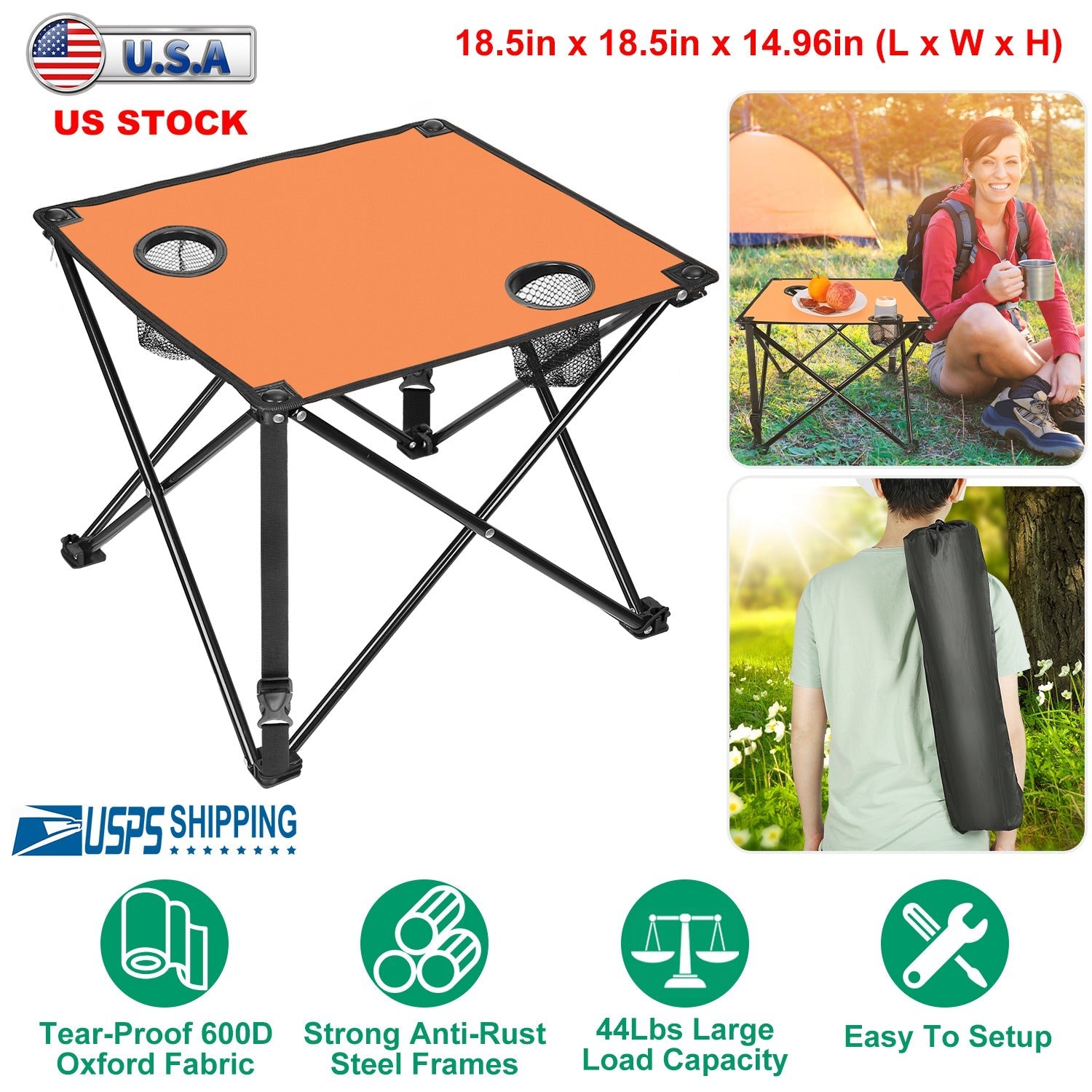 2pc foldable camping table orange top by GemGear with 2 cup holders carrying bag on Tampa Home & Garden Store