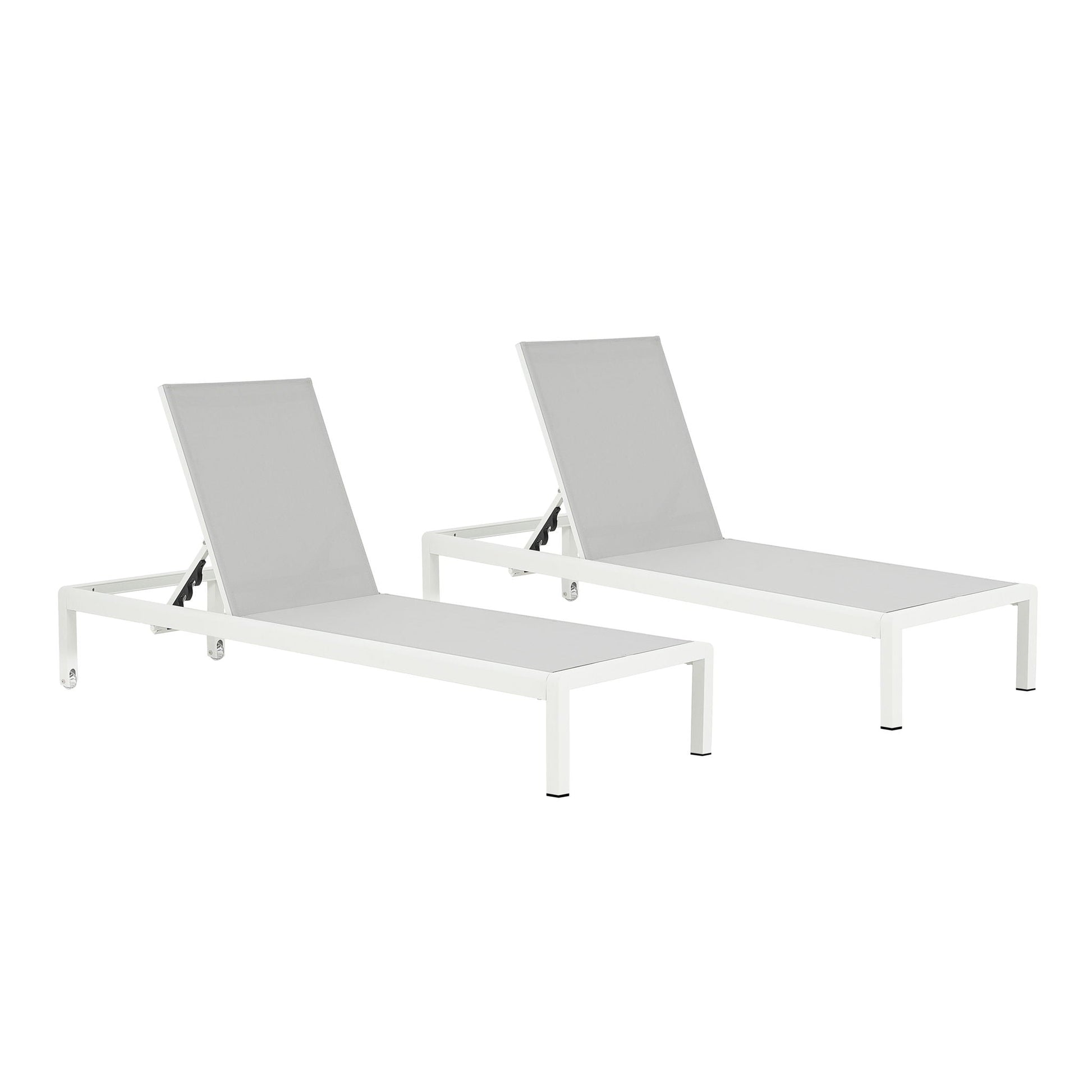 Outdoor chaise lounge pair with 5-position recline, grey cushions, white frame HouseOfZazla on Tampa Home & Garden Store
