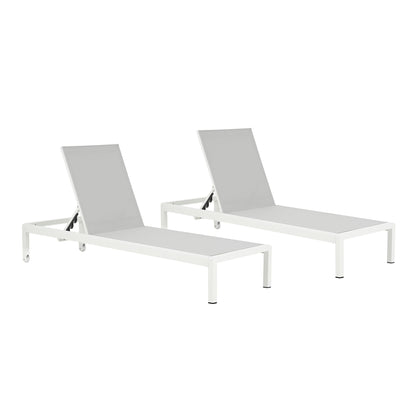 Outdoor chaise lounge pair with 5-position recline, grey cushions, white frame HouseOfZazla on Tampa Home & Garden Store