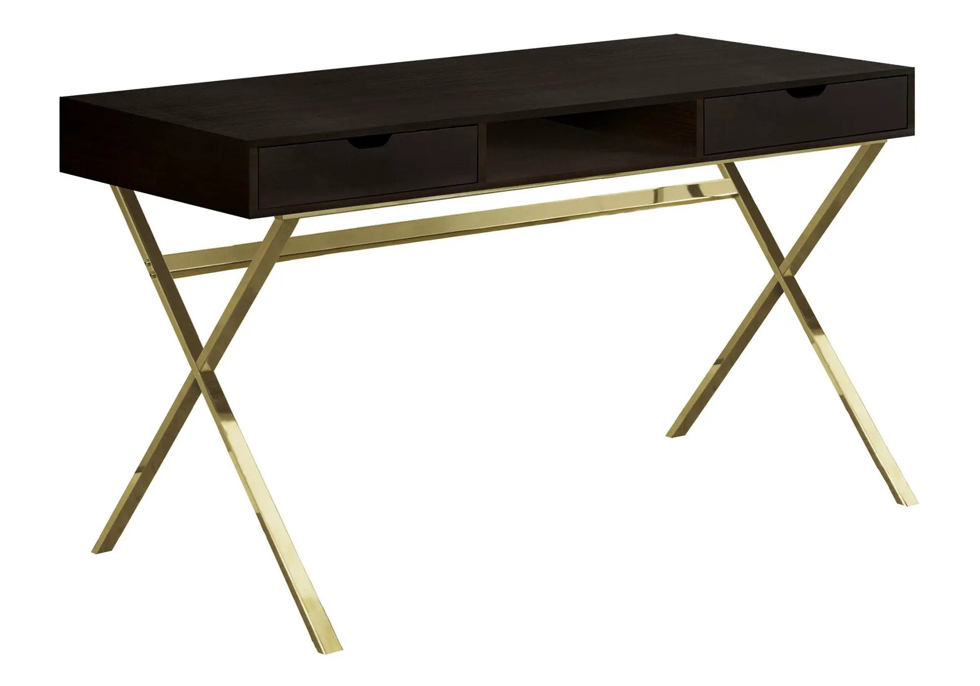 Espresso computer desk with 2 drawers, center shelf, gold X-base legs by Unique Piece Furniture on Tampa Home & Garden Store