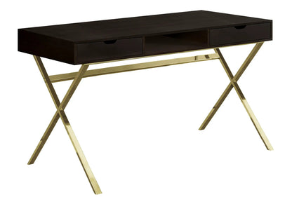 Espresso computer desk with 2 drawers, center shelf, gold X-base legs by Unique Piece Furniture on Tampa Home & Garden Store