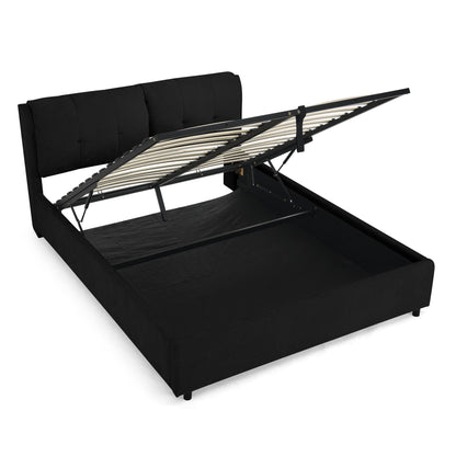 Storage hydraulic platform bed with integrated headboard in black fabric, lift storage on Tampa Home & Garden Store