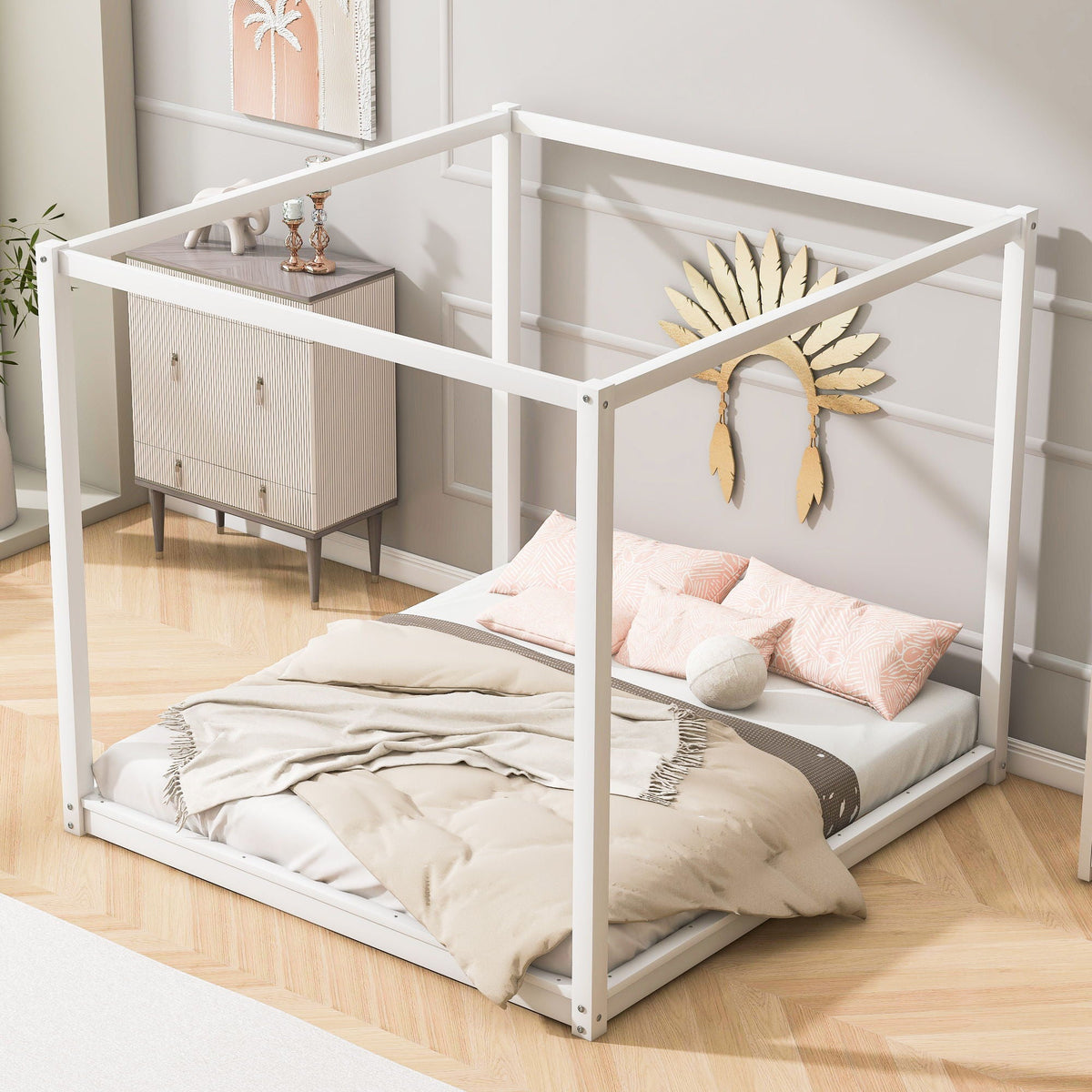 HouseOfZazla white wood canopy platform bed frame with airflow slats on Tampa Home & Garden Store