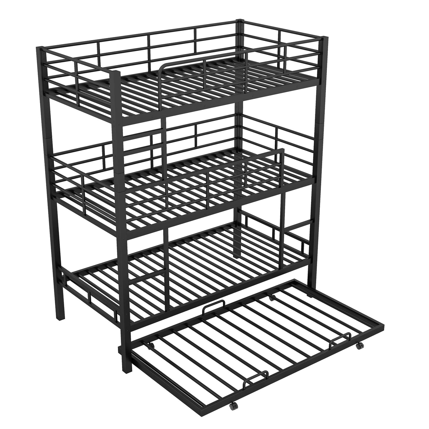 Triple bunk bed with trundle in black heavy-duty steel frame on Tampa Home & Garden Store