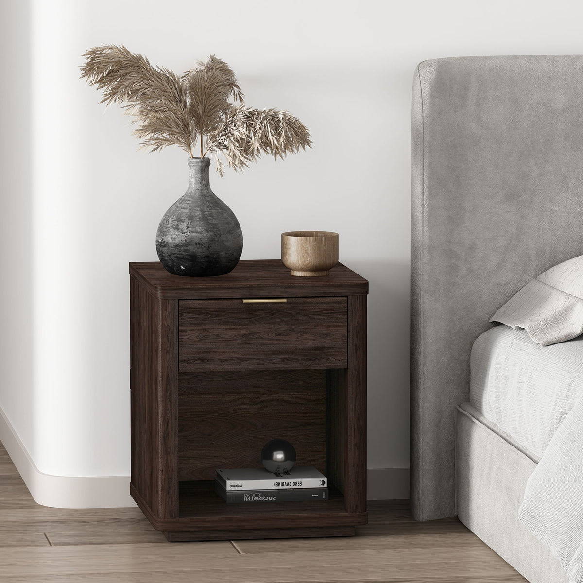 Evelyn Nightstand with 1 Drawer and Shelf dark brown wood topped with pampas grass in a gray vase on Tampa Home & Garden Store