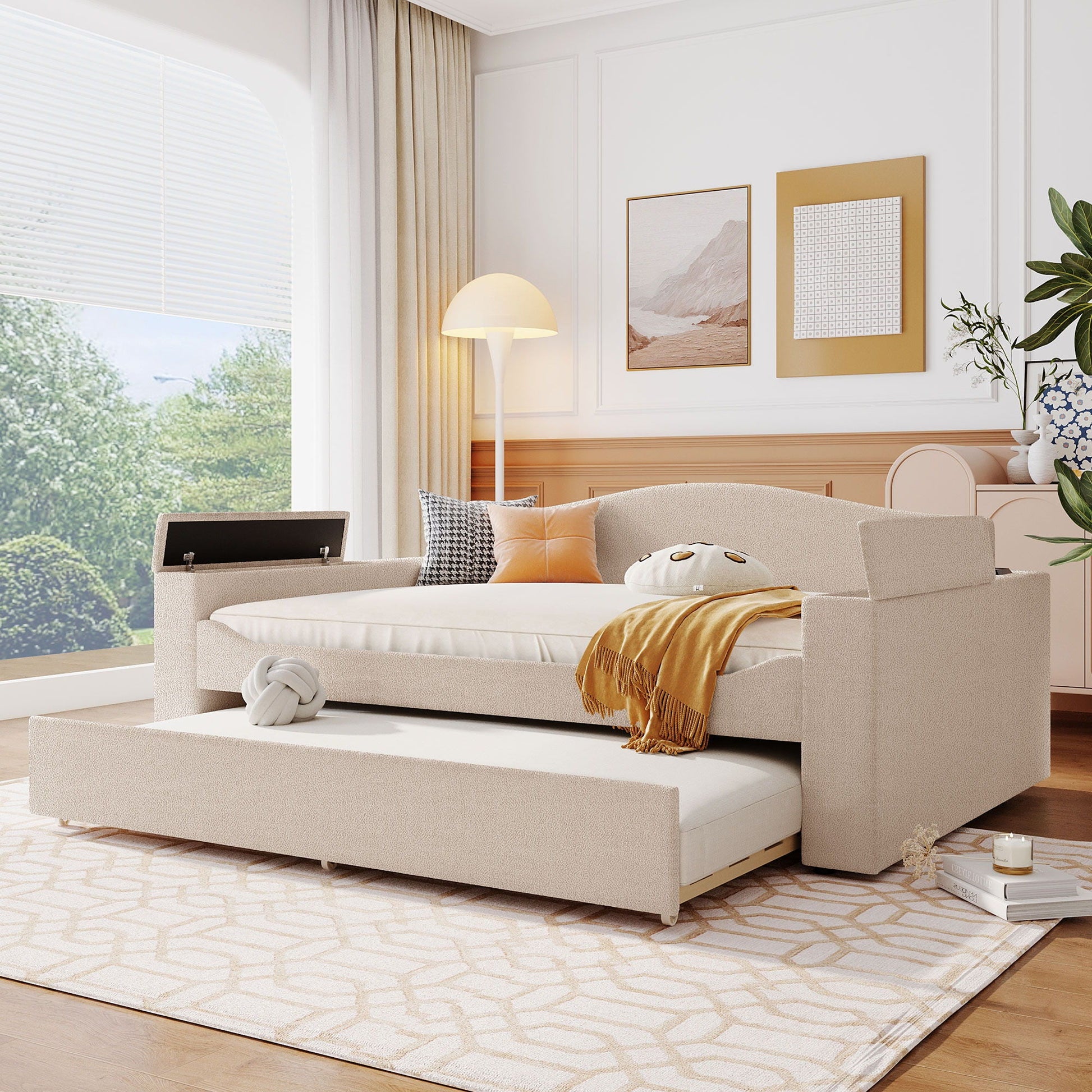 Beige upholstered daybed with storage armrests, pull-out trundle and built-in audio system on Tampa Home & Garden Store