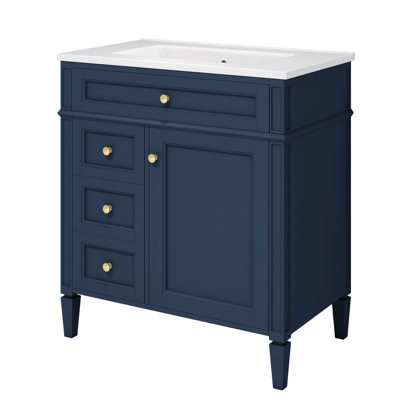 Bathroom vanity with medicine cabinet in navy blue with white countertop and gold knobs on Tampa Home & Garden Store