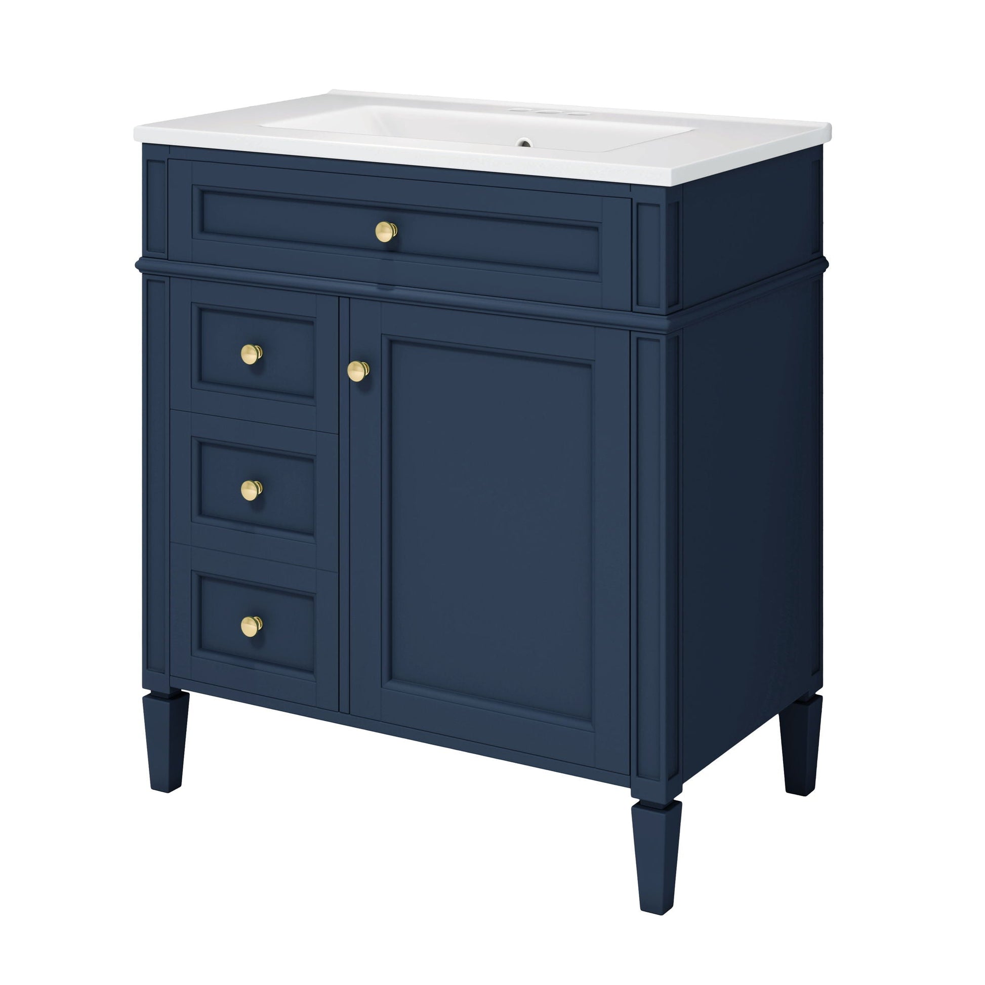 Bathroom vanity with medicine cabinet in navy blue with white countertop and gold knobs on Tampa Home & Garden Store
