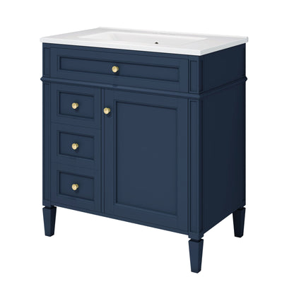 Bathroom vanity with medicine cabinet in navy blue with white countertop and gold knobs on Tampa Home & Garden Store